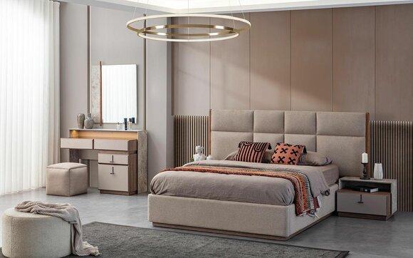 Luxury bedroom furniture double bed bedside tables gray 6-piece cupboard bed