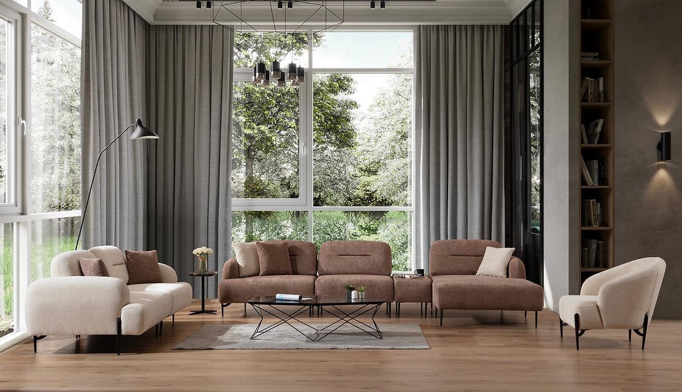 Modern brown and white sofa set 3 seater fabric armchair L-shape corner sofa