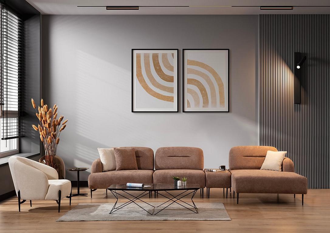 Brown-beige living room seating set corner sofa living area armchair 2-piece