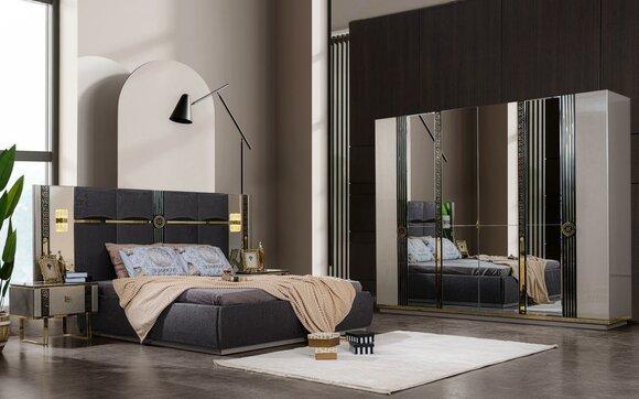 Luxury bedroom furniture double bed bedside tables gray 4-piece cupboard bed