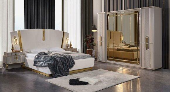 Double bed set bedroom bed bedside tables 4-piece beige cupboard