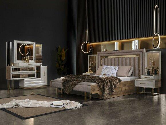 Bedroom furniture double bed bedside tables console beige 4-piece luxury