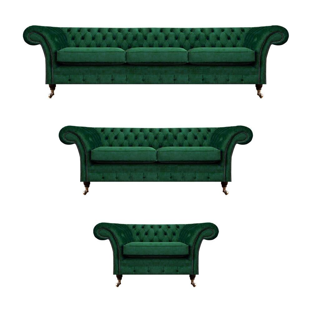 Chesterfield sofa set 3-piece upholstered furniture green furnishings living room 3+2+1