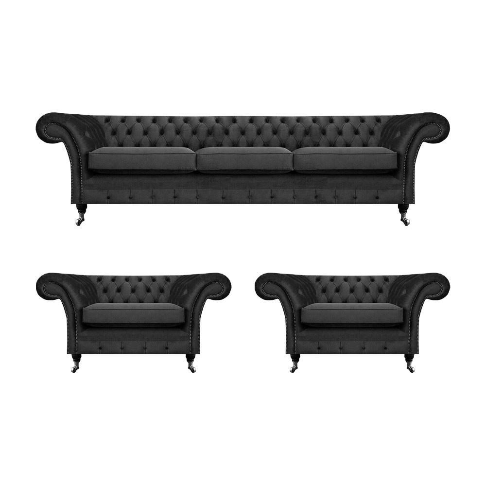 Chesterfield Black Upholstered Furniture Sofa Set 3 Pieces Living Room 3+1+1