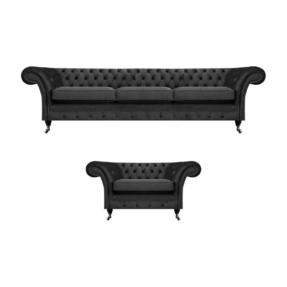 Living room upholstered furniture black three-seater sofa 3+1 armchair Chesterfield