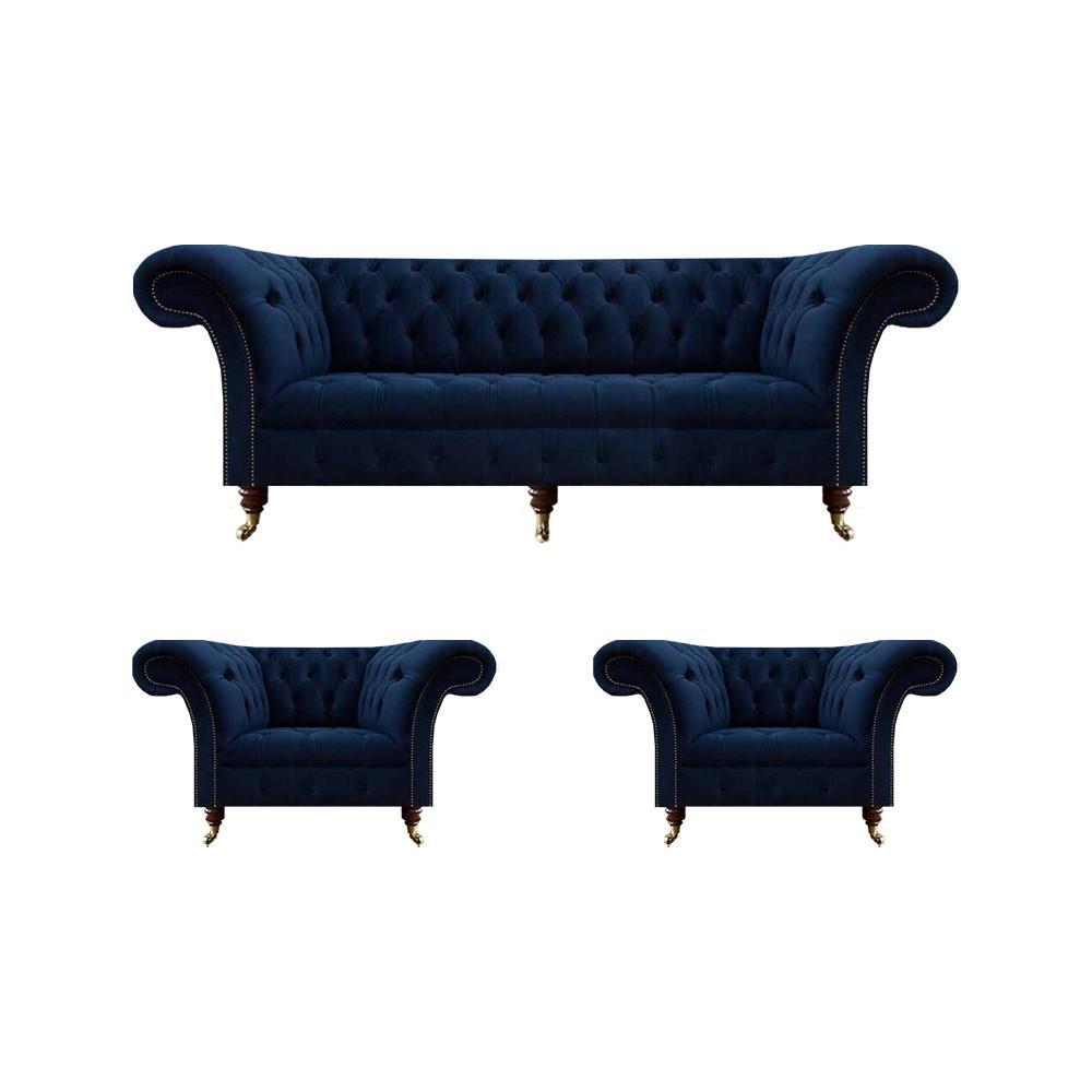 Living room set 3-piece Chesterfield blue luxury three-seater sofa 2x armchairs new