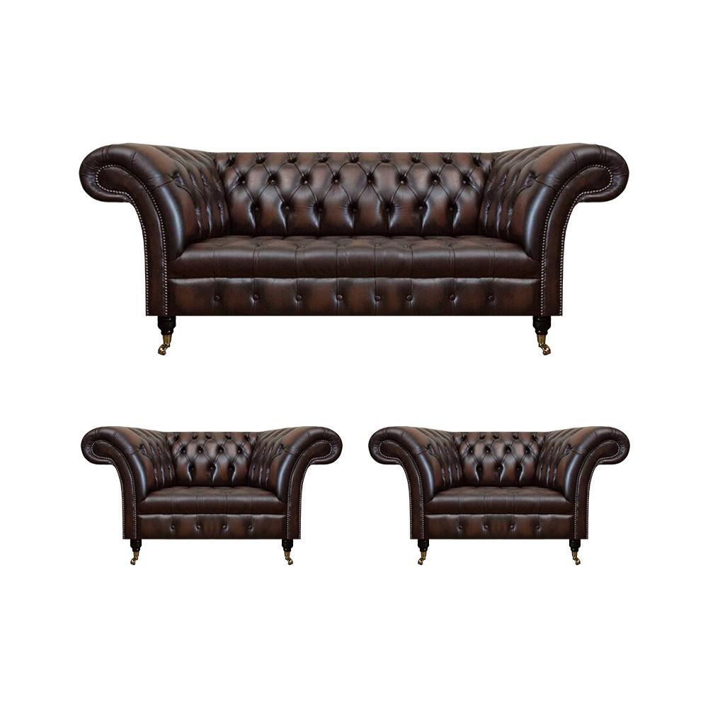 Luxury Brown Leather Sofa Set Living Room 2x Armchairs Three Seater Couch Chesterfield