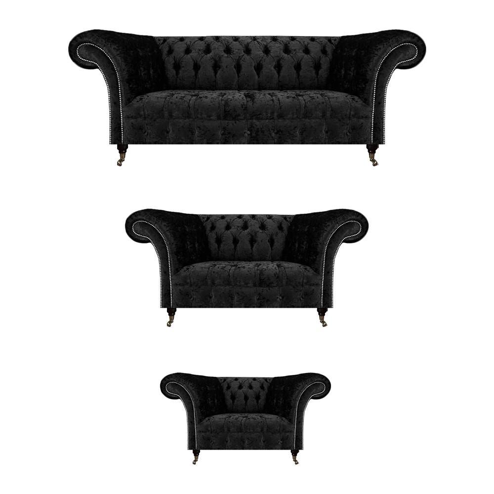 Luxury Black Complete Chesterfield Sofas Set Living Room Armchairs New