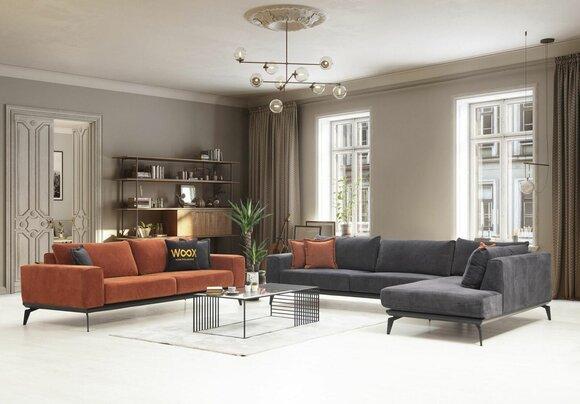 Gray Upholstered Corner Sofa Designer Three Seater Fabric Couches Living Room Set