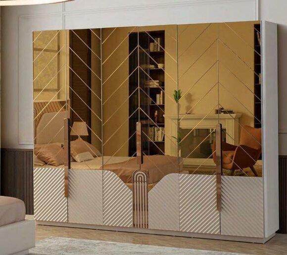 Modern Beige Wardrobe 6 Door Bedroom Cabinet Wood Furniture