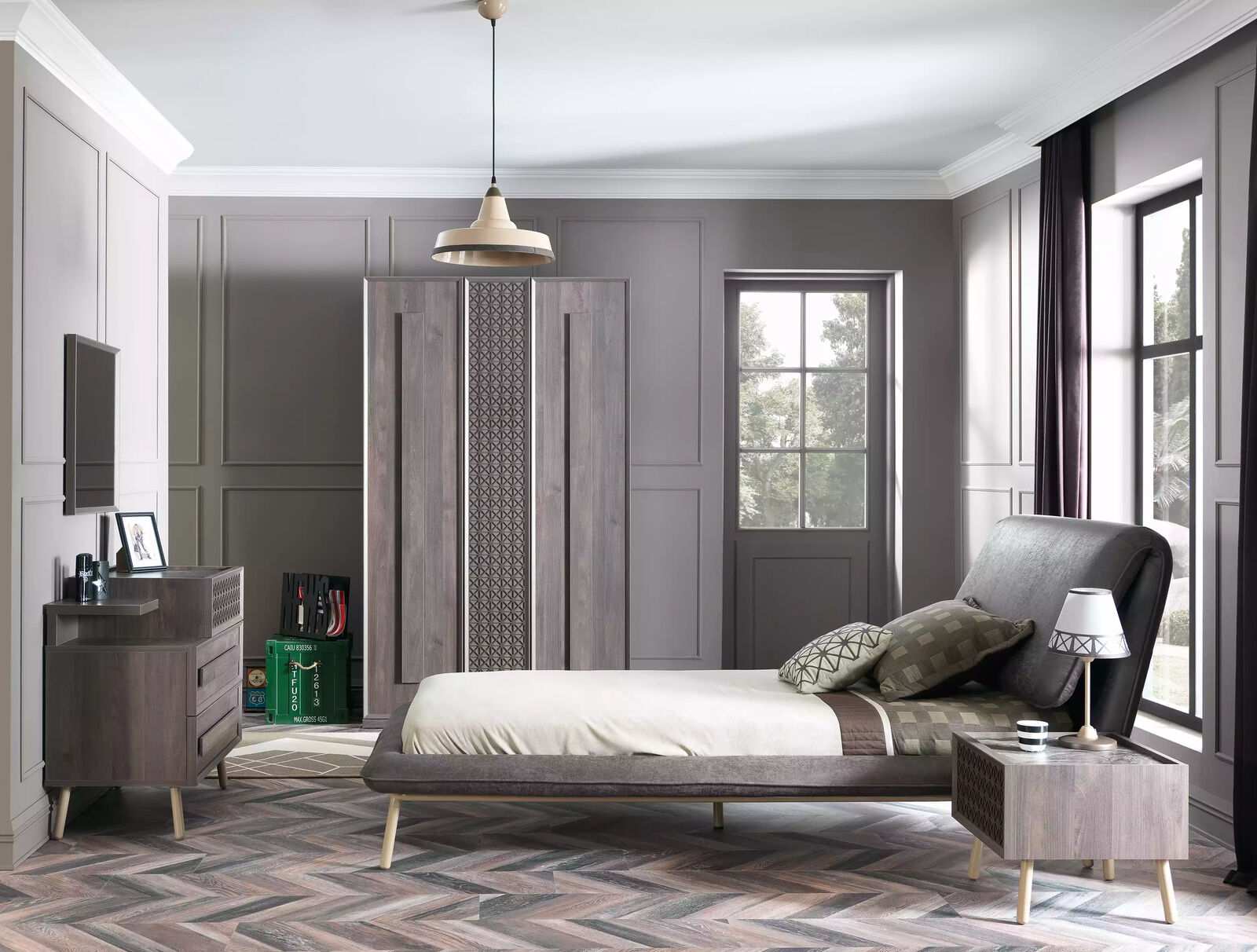 Set upholstered bed youth bed bed bed frame bed set 5pcs wood grey new