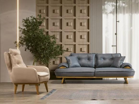 Stylish grey-beige sofa set Designer 3-seater Luxurious 1-seater
