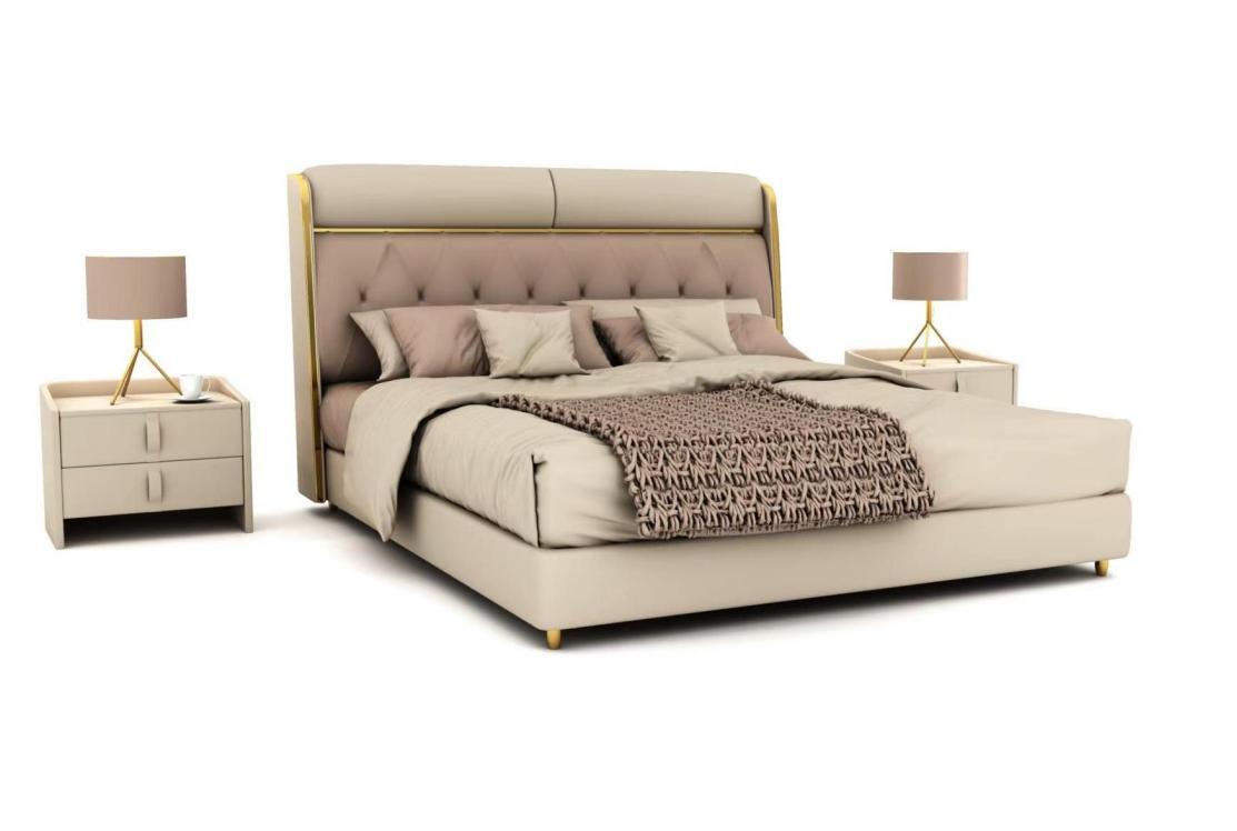 Stylish beige bedroom bed double bed textile beds LED bed