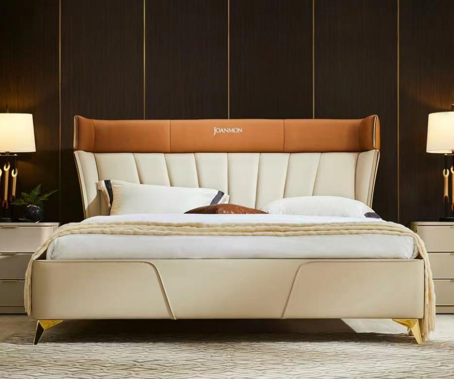 Bedroom beige double bed leather beds wooden frame textile furniture