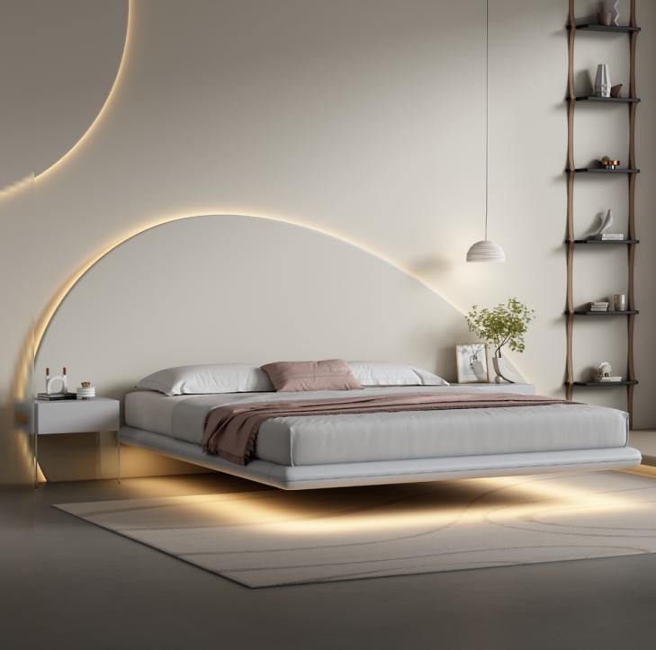 Gray Wall Bed Modern Bedroom Furniture Wooden Frame LED Beds New