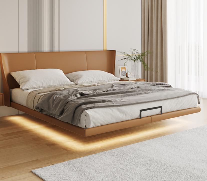 Brown wall bed designer bedroom furniture wooden frame faux leather bed