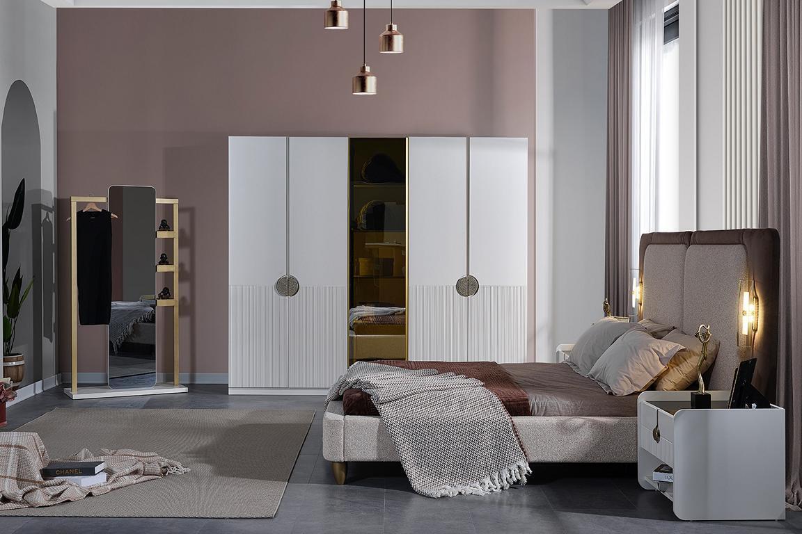 White Bedroom Complete Set Modern Bed Wardrobe 5 Pieces
