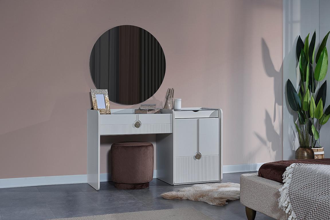 White Dressing Table Stylish Mirror Round Mirror Cosmetic Table 2 Pieces
