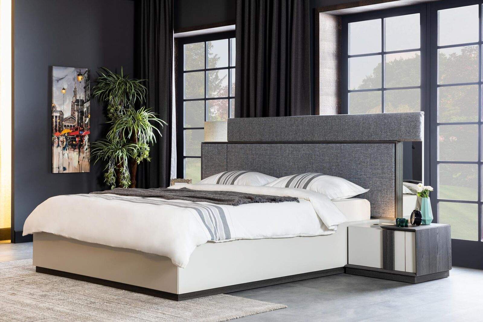 Gray Luxury Bedroom Bed Textile Furniture Bed Frame Modern Wood New