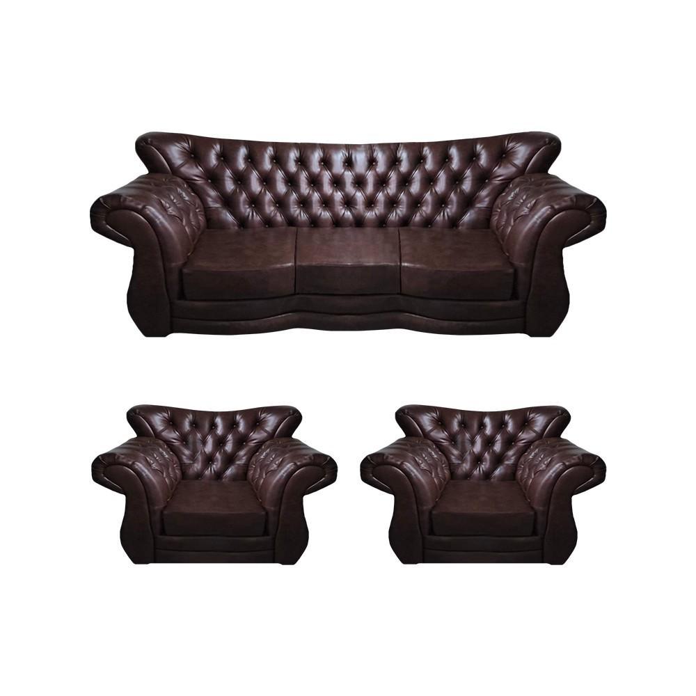 Green Leather Sofa Set 3-Piece Seating Brown Sofa Set Complete Chesterfield