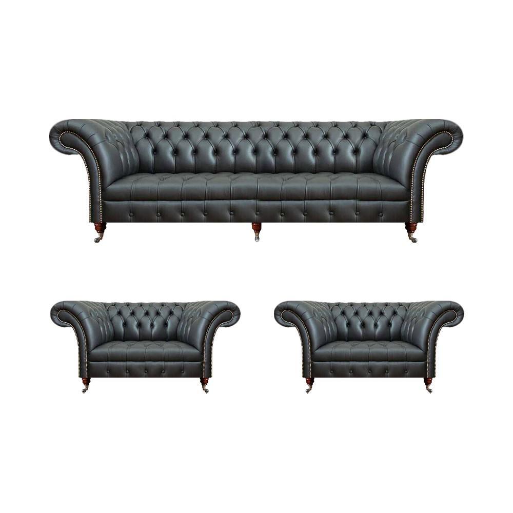 Leather sofa set 3-piece sofa three-seater couch 2x armchairs living room Chesterfield