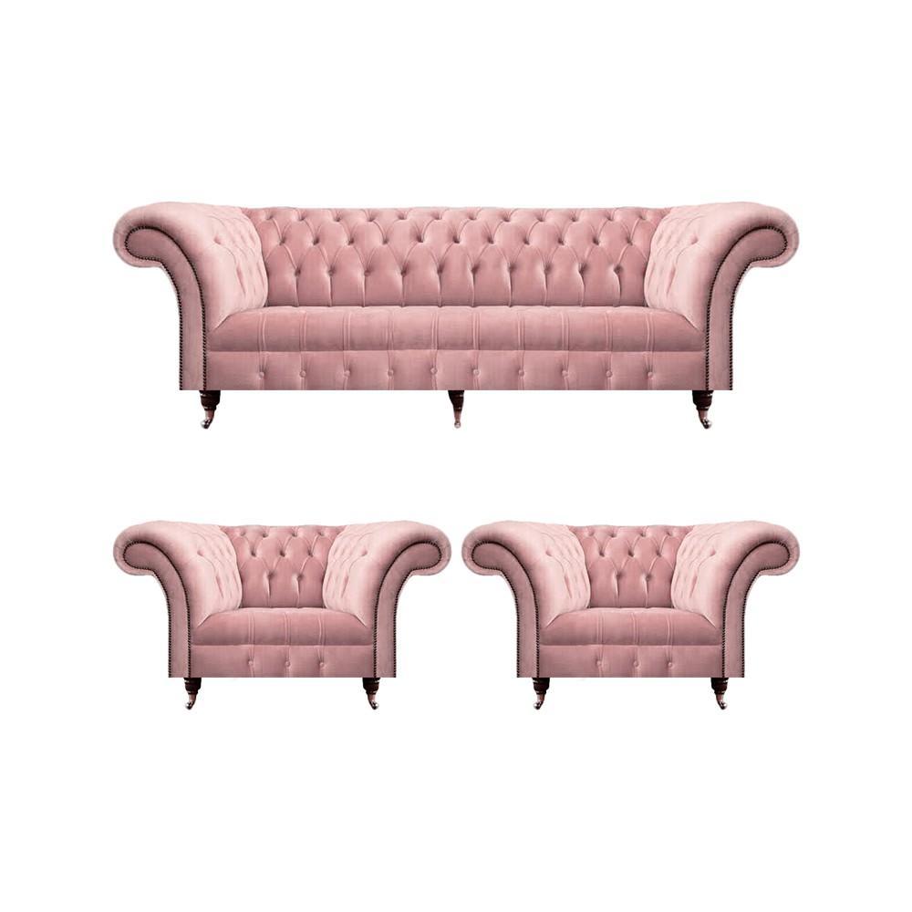 Luxury Pink Design Modern Chesterfield Sofa Set 3 Piece Upholstered Furniture