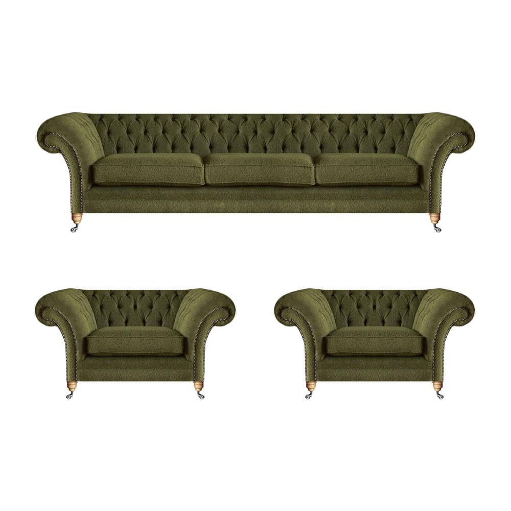 Living room sofa set 3 pieces green fabric three-seater sofa 2x Chesterfield armchairs