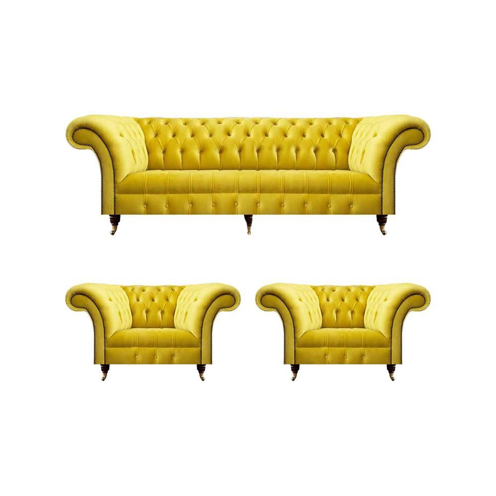 Chesterfield Yellow Sofa Set 3 Pieces Textile Fabric Upholstered Furniture Armchair New Furniture