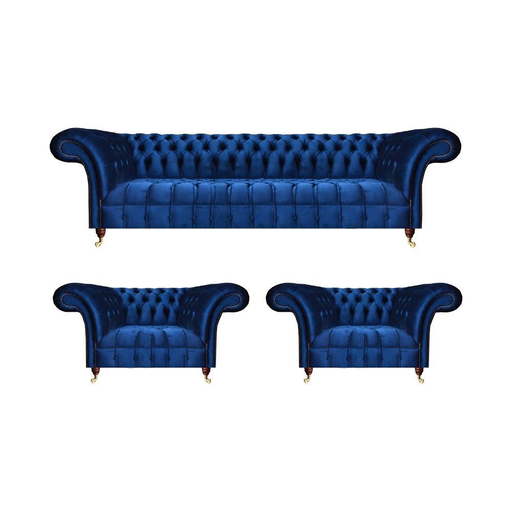 Chesterfield blue sofa set 3 pieces textile sofa three seats 2x armchairs living room