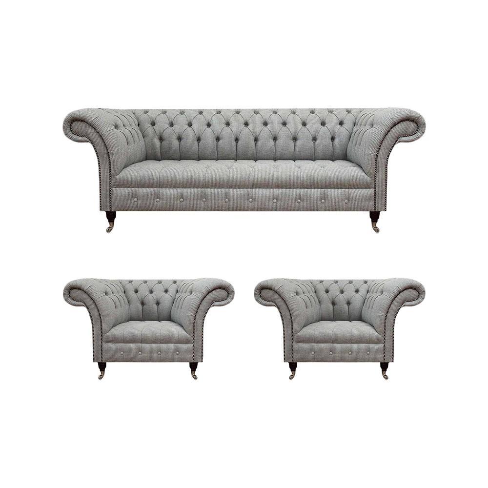 Gray Modern Sofa Set Chesterfield Design Upholstery Fabric Living Room Furnishings