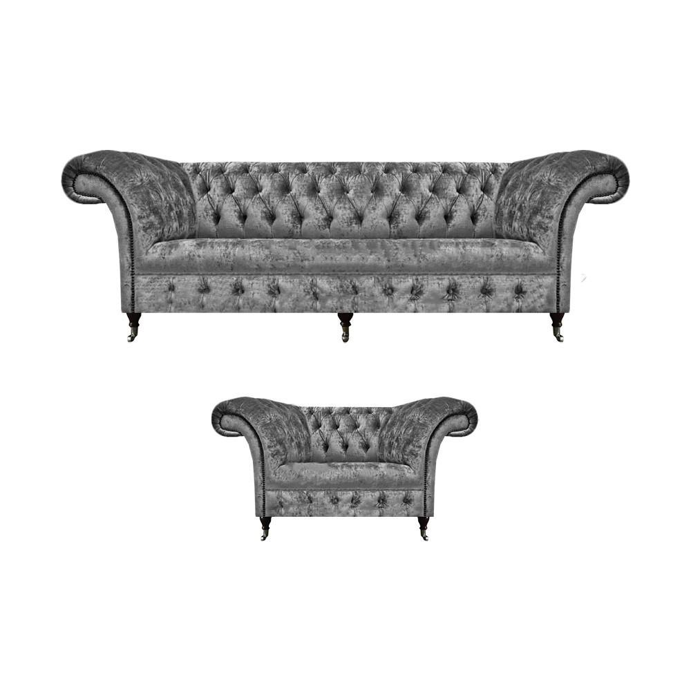 Chesterfield Gray Sofa Three Seater Couch Living Room Armchair Upholstered Furniture