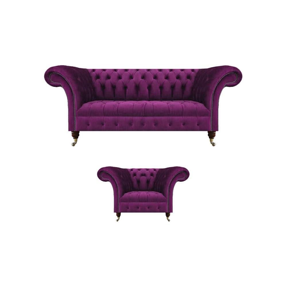 Chesterfield Purple Sofa Couch Three Seats Living Room Armchair Textile Furniture Upholstery