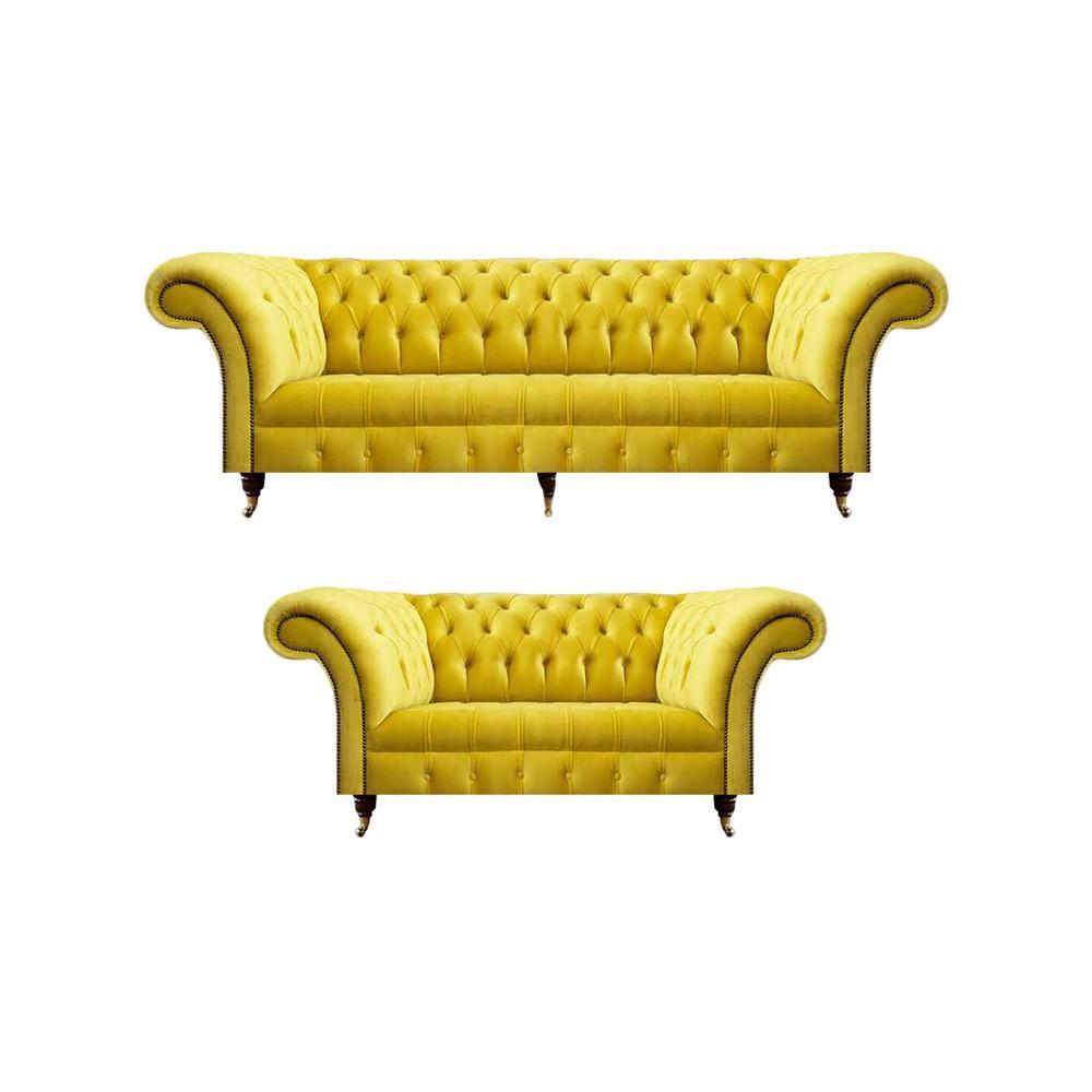 Living room yellow 2x sofas three-seater and two-seater couch textile Chesterfield