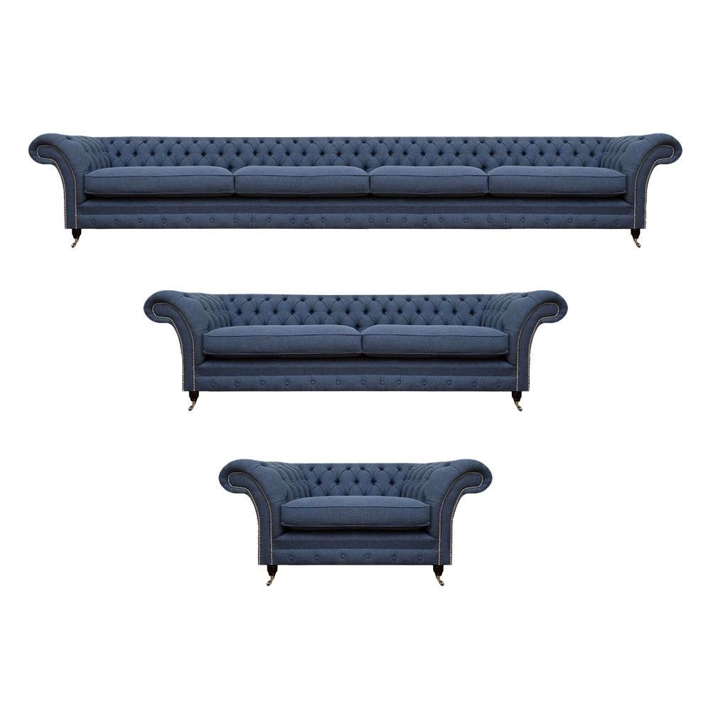 Luxury Furniture Sofa Set Blue Textile Complete Living Room Chesterfield Sofa Set