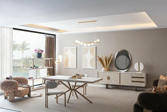 Dining room set, sideboard, dining table, chairs, group, mirror, 8 pieces.