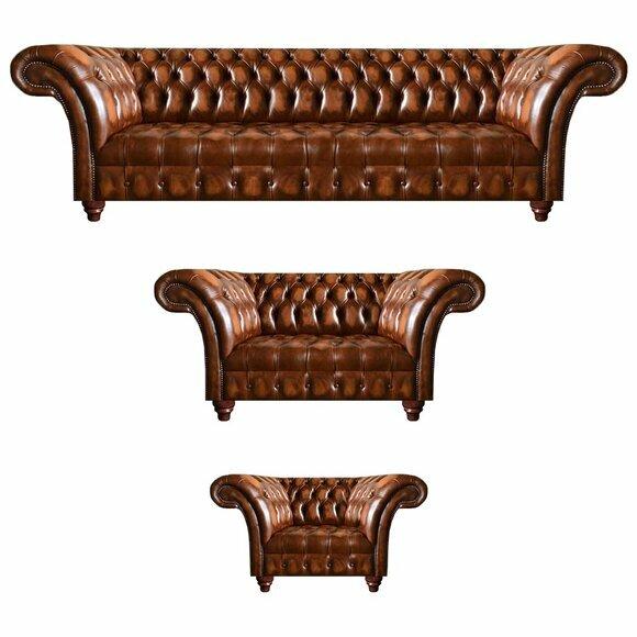 Chesterfield Brown Leather Suite Living Room Sofas Leather Couches 3pcs