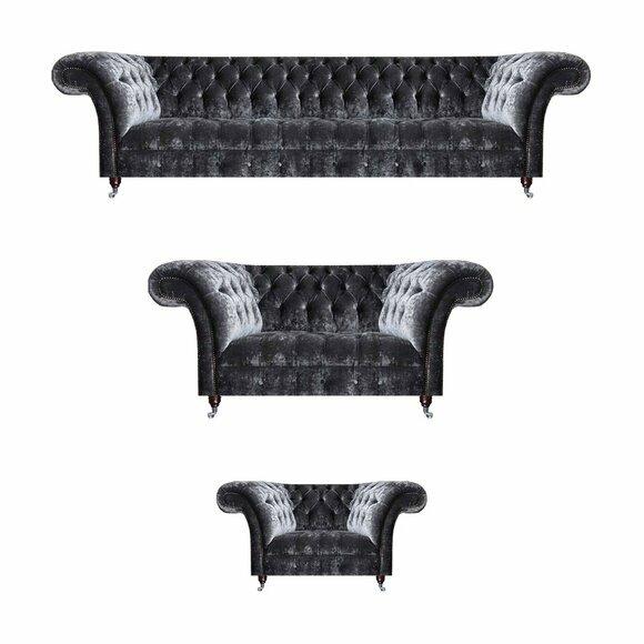 Grey Chesterfield upholstered furniture designer couches luxury four-seater 3-piece