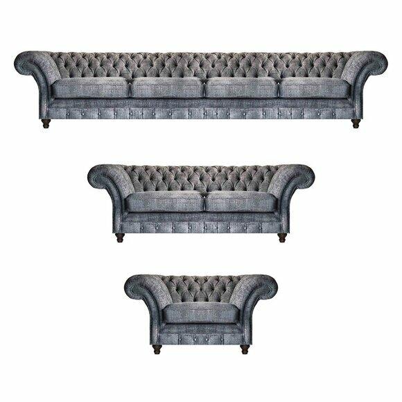 Grey Chesterfield Set Designer Couches Luxury 4-Seater Sofa Armchair 3pcs
