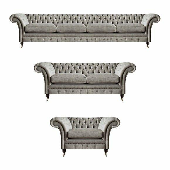Chesterfield Light Grey Fabric Sofas Set Living Room Upholstery Furniture
