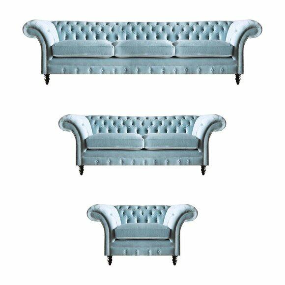 Luxurious Blue Chesterfield Upholstered Set Three-Seater Armchair 3pcs
