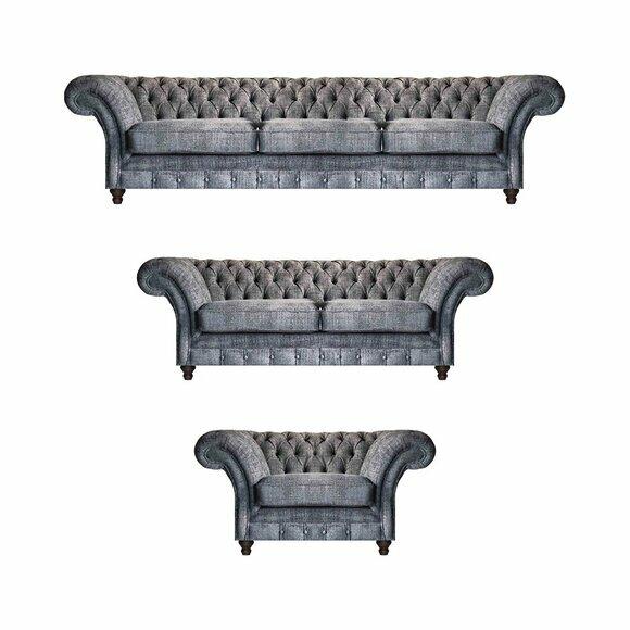 Chesterfield Grey Textile Set Living Room Sofas Designer Couches