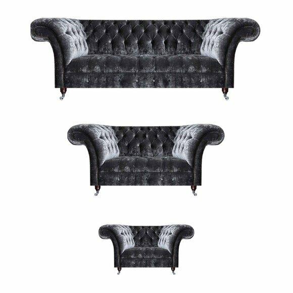 Grey Chesterfield Couches Upholstered Furniture Designer 3-Seater Textile Sofas