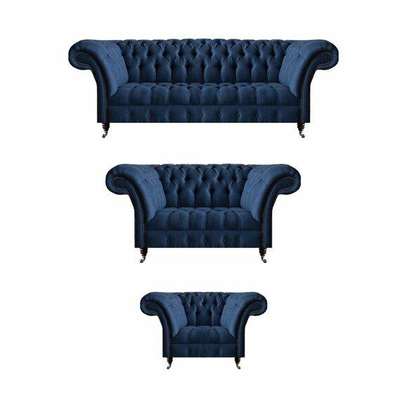 Dark blue Chesterfield upholstered suite living room three-seater 2-seater