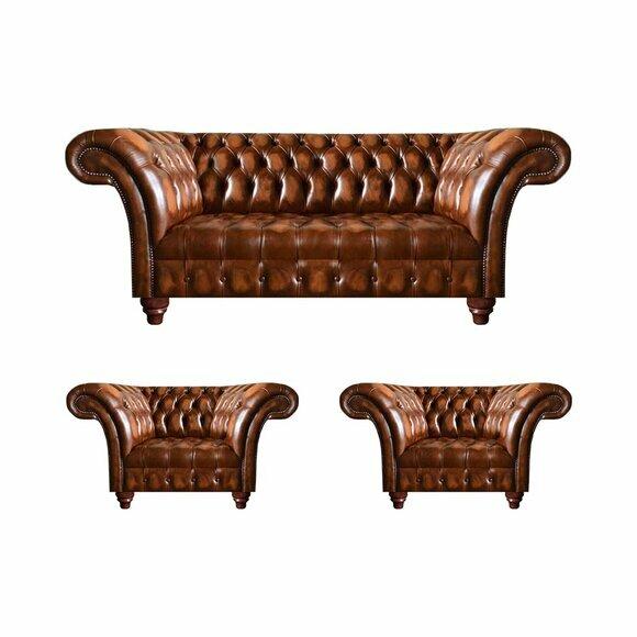 Brown living room Chesterfield set 2x leather armchairs Noble three-seater