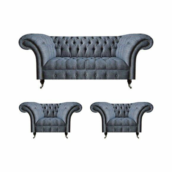 Chesterfield set grey upholstery seating 2x armchairs three-seater