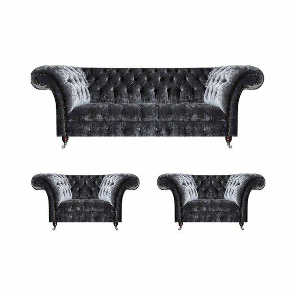 Elegant grey Chesterfield upholstered sofas Modern 3-seater 2x textile armchairs