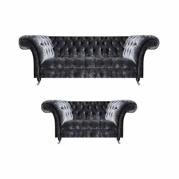 Exclusive Grey Chesterfield Seating Set Designer Three-Seater 2-Seater