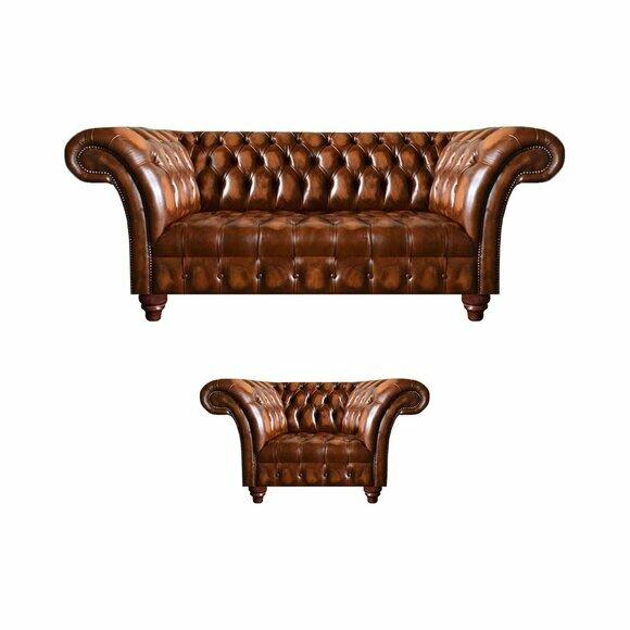 Luxurious Chesterfield living room seating set leather armchair 3-seater 2pcs
