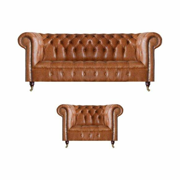 Brown Stylish Chesterfield Leather Sofas Complete Couch Set 2pcs