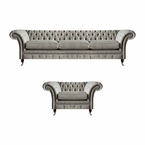 Grey Chesterfield textile sofas Elegant living room 3-seater upholstered armchair